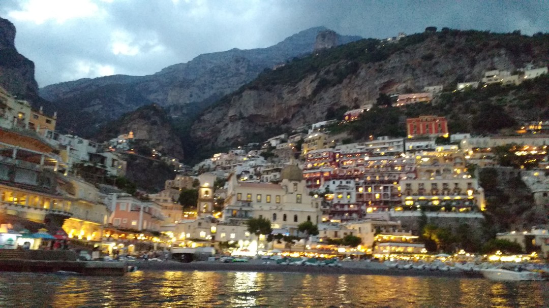 Positano at night, from the mooring buoy.